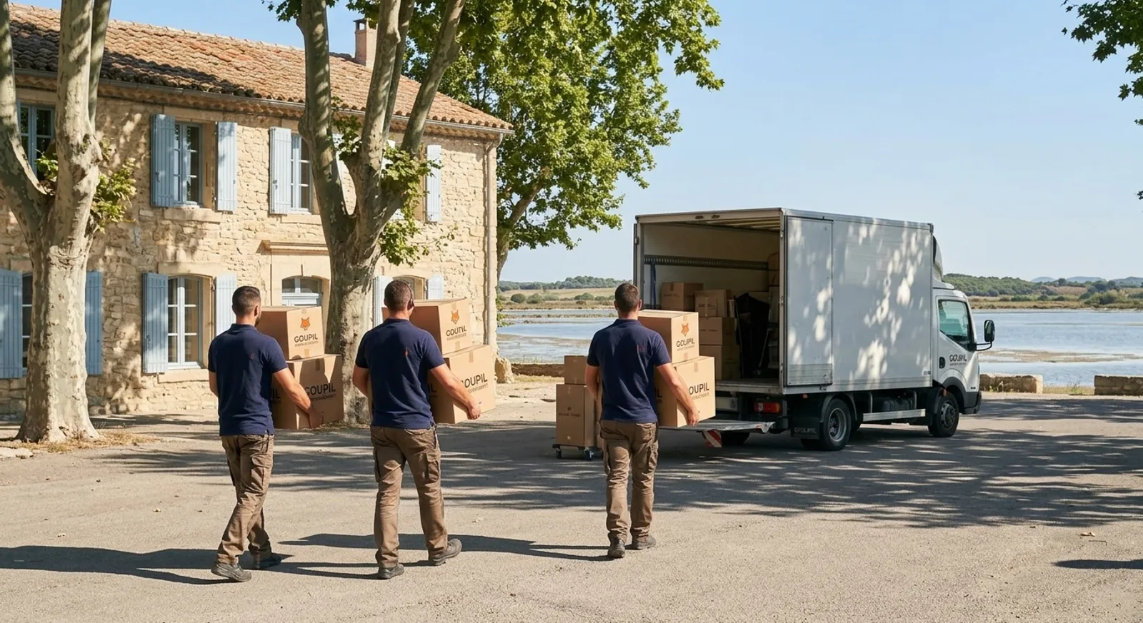 Trois déménageurs en polo bleu marine portent des cartons vers un camion blanc garé devant une maison en pierre claire, près d’un plan d’eau