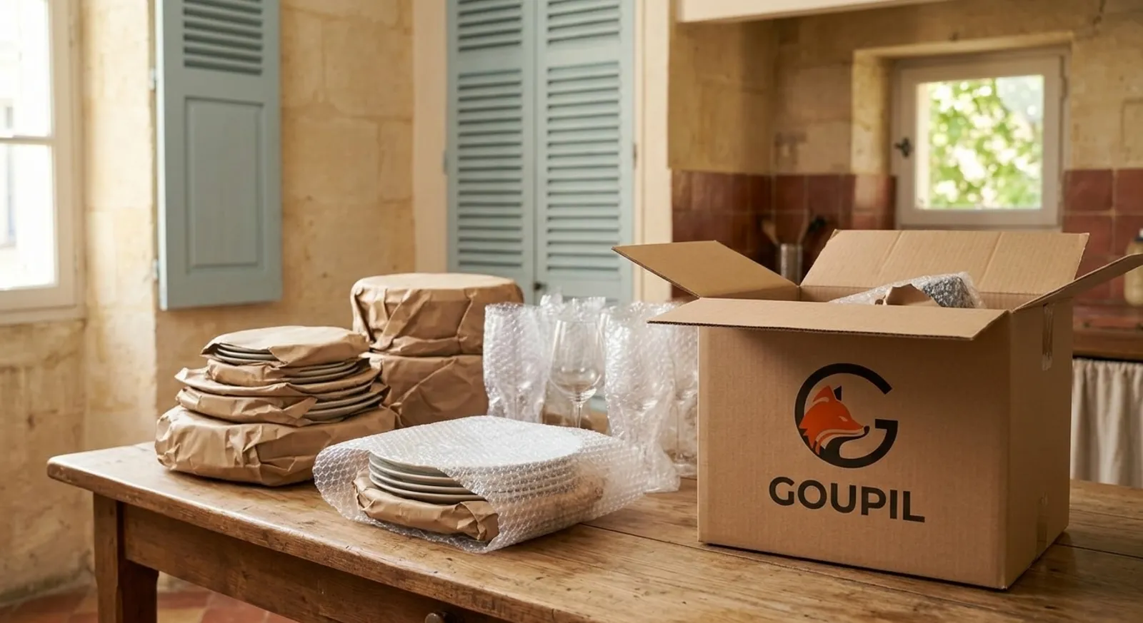 Vaisselle enveloppée dans du papier kraft et du papier bulle sur une table en bois, verres protégés et carton GOUPIL ouvert dans une cuisine lumineuse