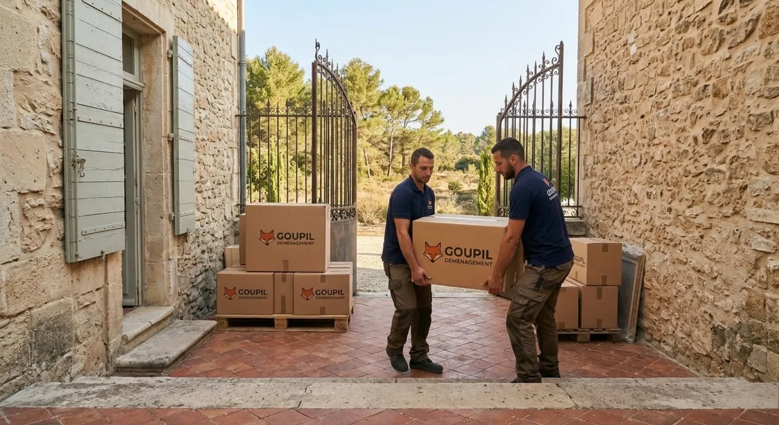 Deux déménageurs en polo bleu marine transportent un carton Goupil dans la cour d'une maison en pierre claire, portail en fer forgé ouvert sur les pins