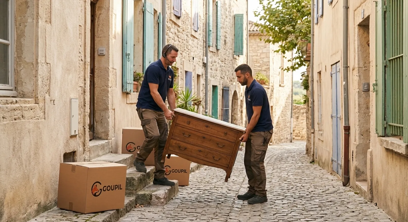 Deux déménageurs en polo bleu marine descendent une commode en bois dans une ruelle pavée de Lodève, près de cartons Goupil