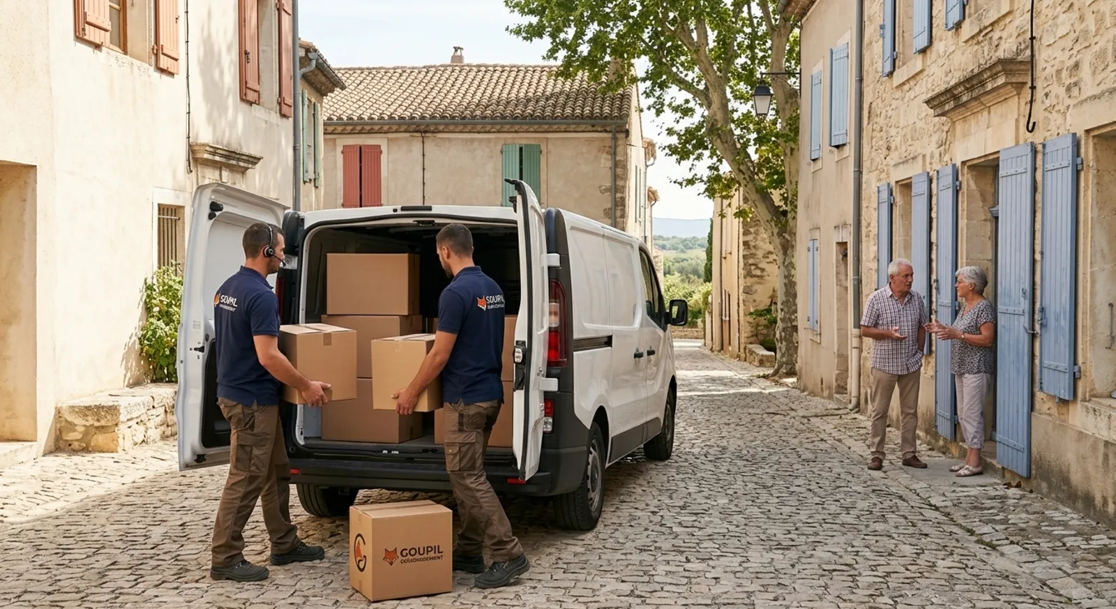 Deux déménageurs en polo bleu marine chargent un utilitaire blanc dans une rue pavée de village de l’Hérault, sous le regard de deux voisins