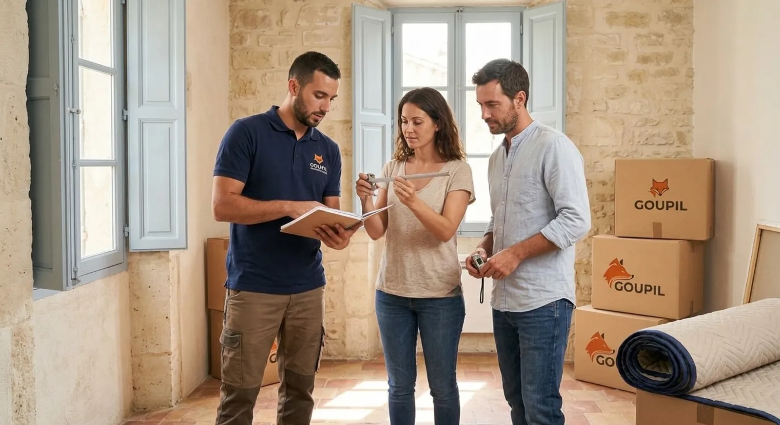 Déménageur en polo bleu marine et un couple mesurant un salon dans une maison de village en pierre claire de l’Hérault