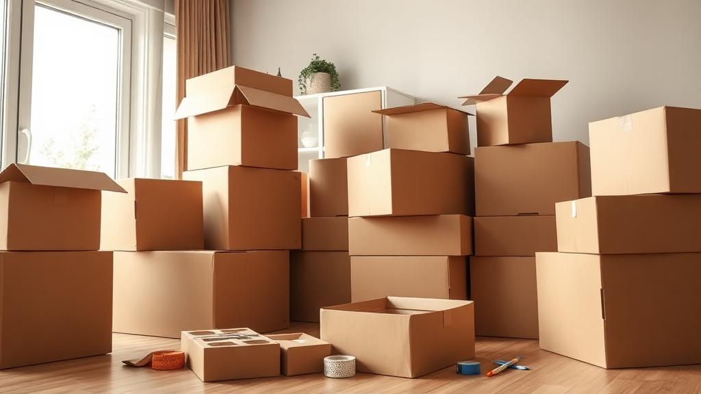 Cartons de déménagement empilés dans un salon, préparation du déménagement