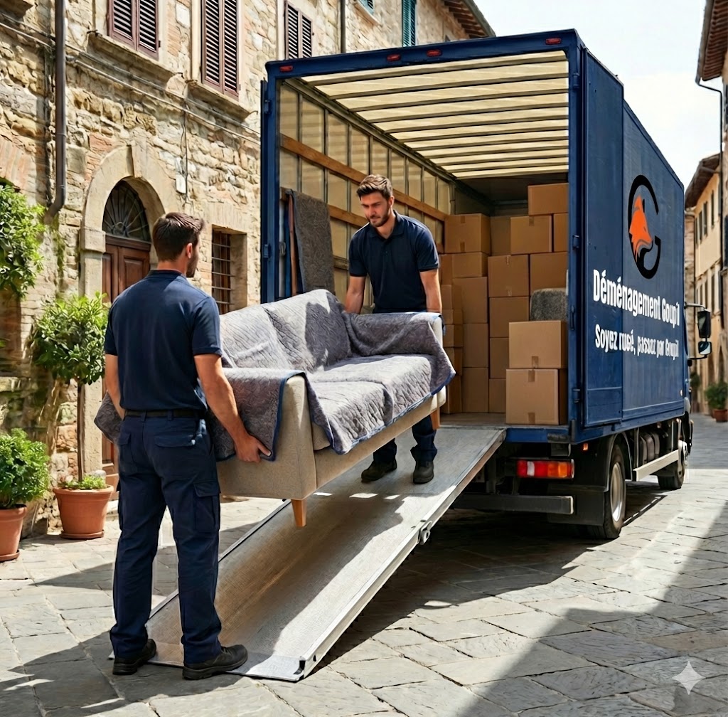 Déménageurs professionnels chargeant un camion dans un village du sud de la France
